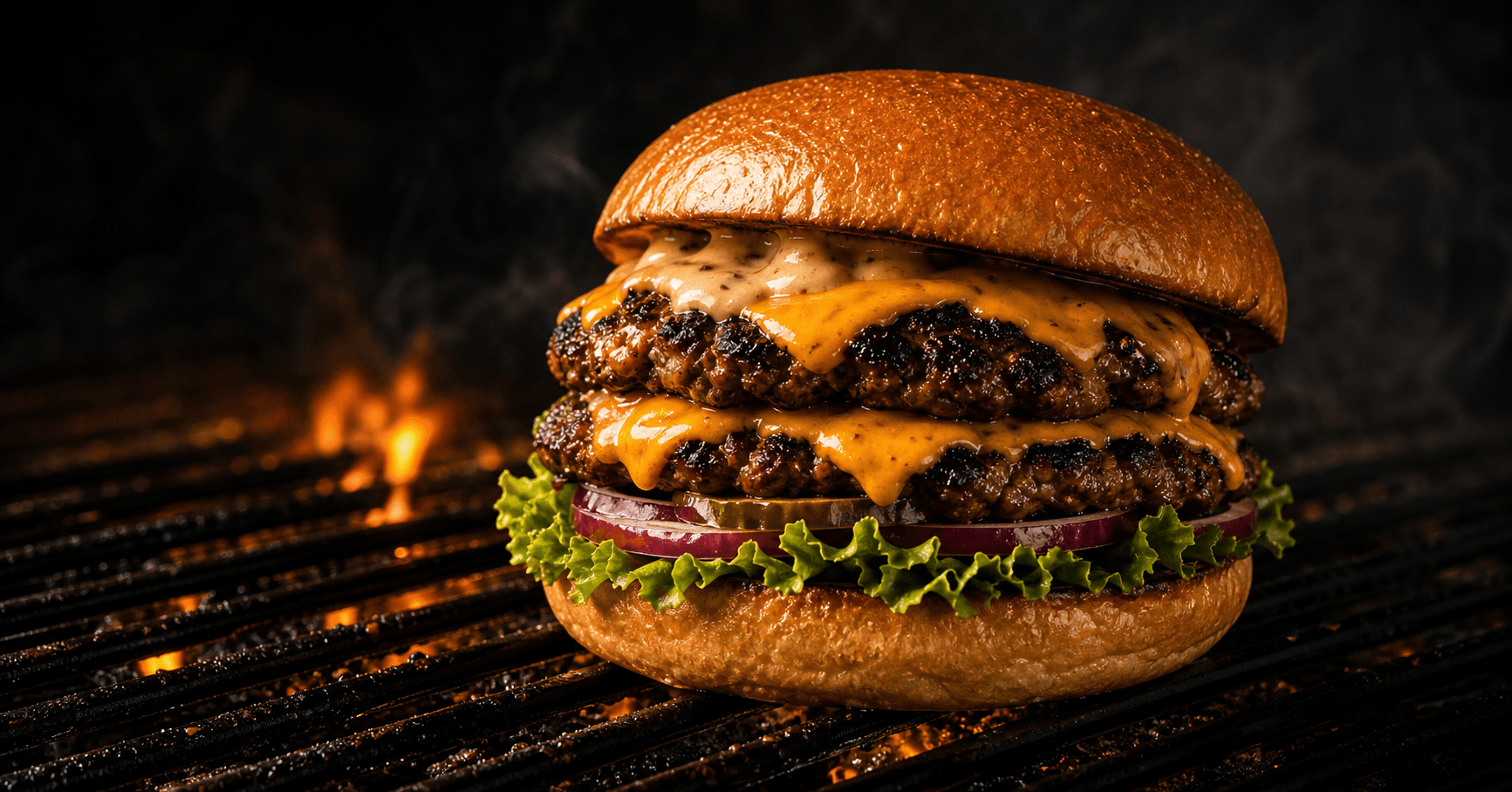 Mehevä tuplalihaburgeri kuumalla grillillä.